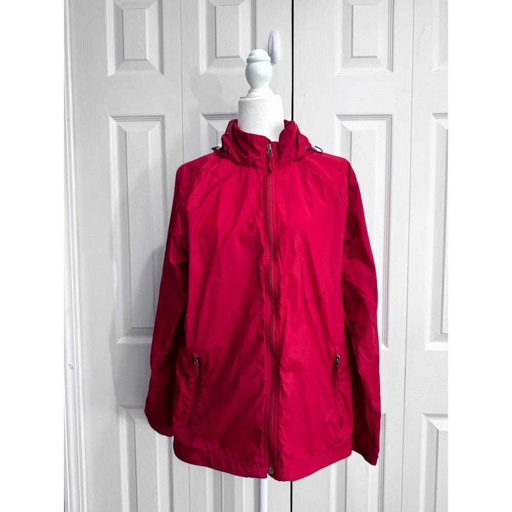 LL Bean Hooded Rain Jacket Women's Large Red Full Zip Long Sleeve Windbreaker